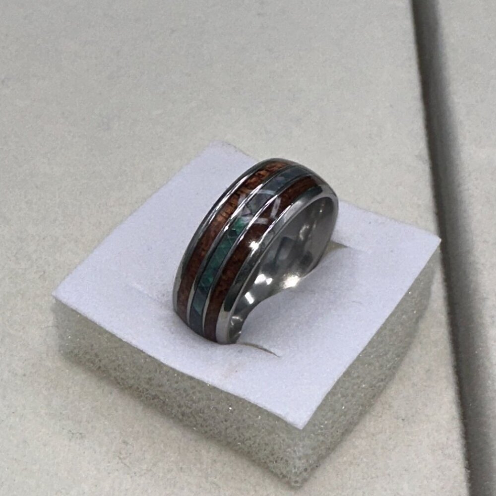 Mens Tungsten Carbide Ring With Wood & Opal Inlay Durable & Stylish Design - Picture 2 of 13